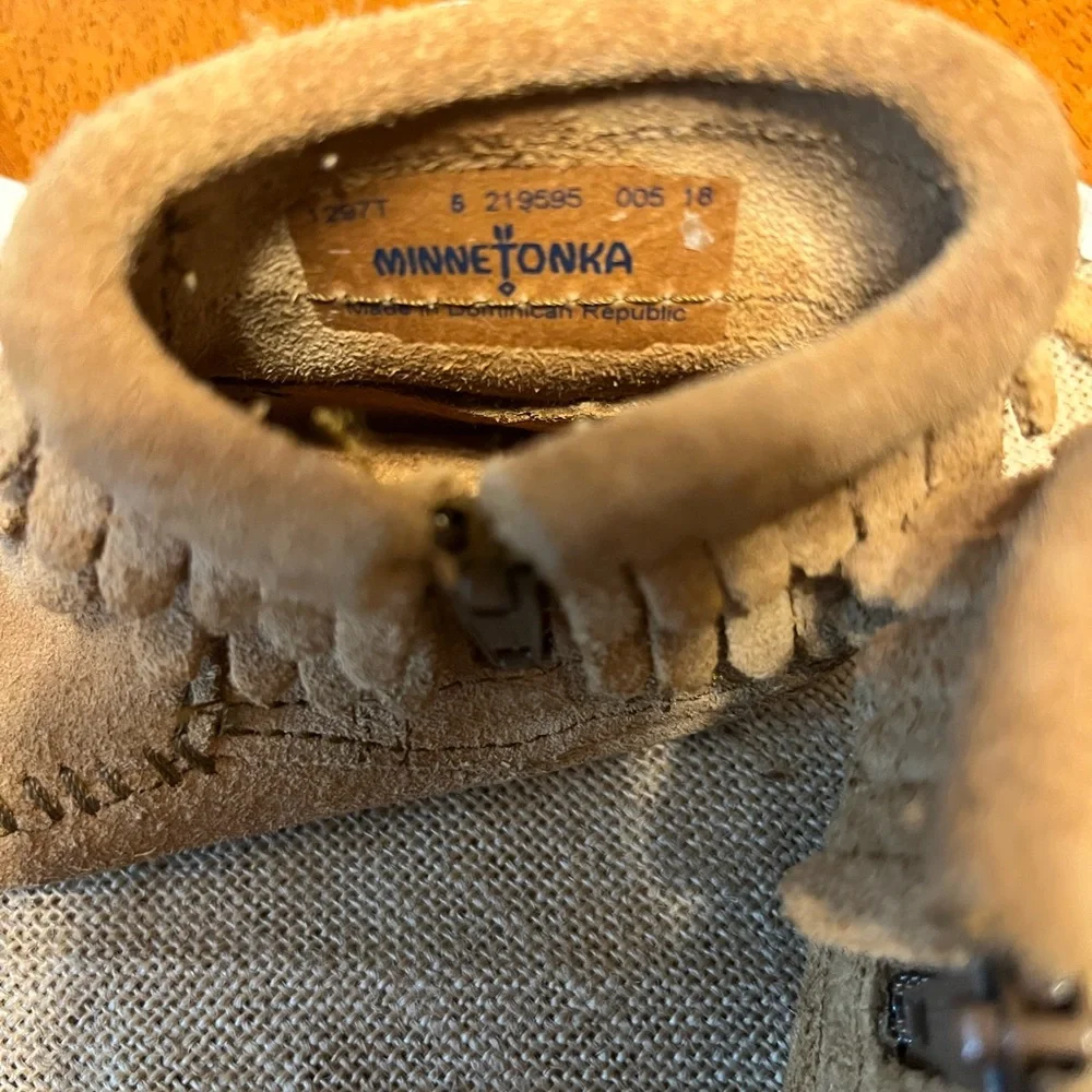 Minnetonka Kids Suede Fringe Moccasins in Tan